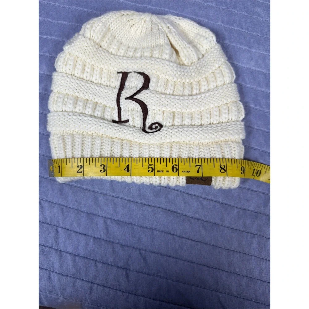 C.C Cream Ribbed Knit Beanie Womens Monogram 